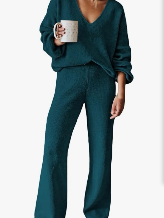 Viottiset Other - Cozy Teal Knit Pajama Set - Long Sleeve V-Neck Top & Wide-Leg Pants